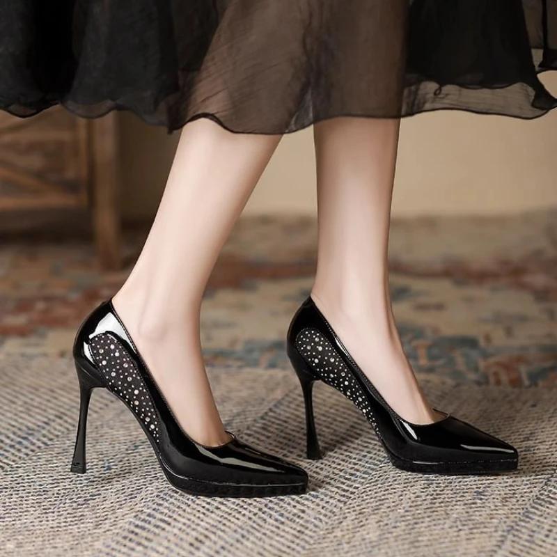 Fashion Super High Heel with Crystals Stilito Diamond Mary Jane Pointed Toe Ladies Pumps Rhinestone Women's Shoes Slip on Casual Stylish