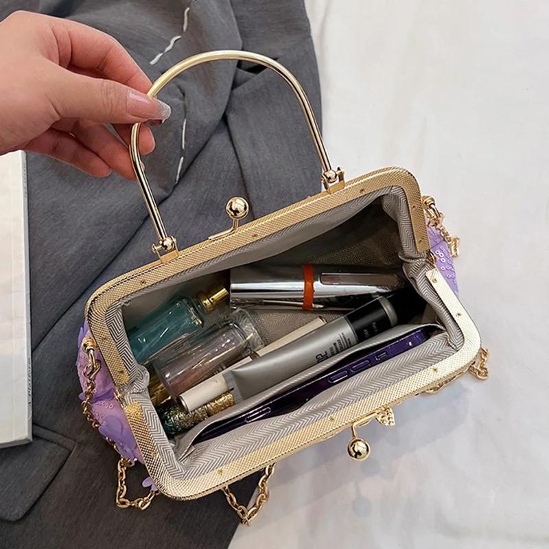 Luxury Appliques Sequins Handbags for Women Wedding Party Clutch  Chain Messenger Bags Metal Hasp Totes  White Gold Purse