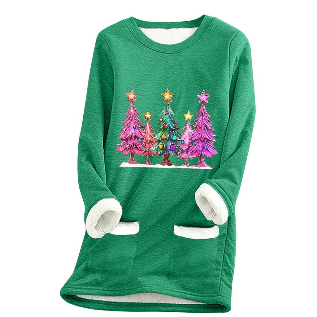 Ladies' Loose And Comfortable Round Neck Christmas Print Thick With Pockets Long Sleeved Top