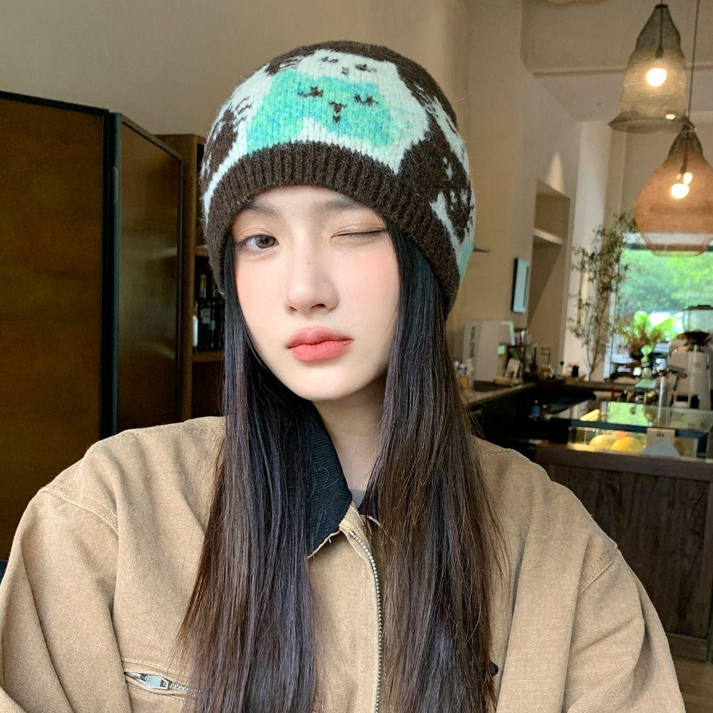 Warm Jacquard Pattern Beanies Fair Isle Style Printing Knit Cap Jacquard Cat Knitted Hat Girls
