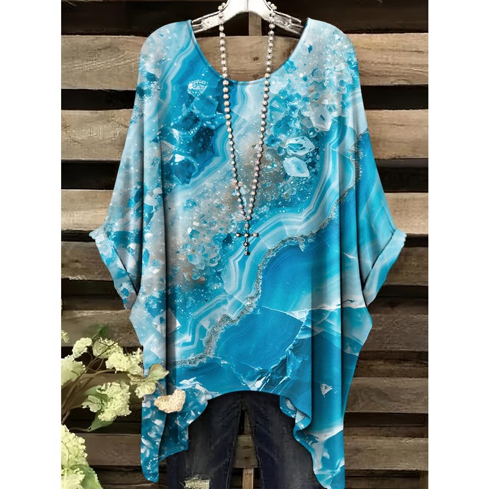 Bohemian Top for Women Elegant Colour Floral Graphics Design Round Neck Irregular Hem Women Casual Fashion Women Vacation Tops