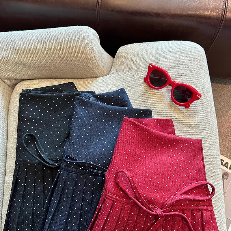 Women's Polka Dot A-Line Pleated Skirt with Bow Tie - Petite Christmas Red