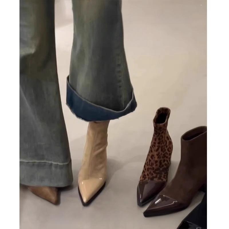 Soft leather version~ French thin elastic short boots women's small fragrant style splicing pointed thick heel thin boots high heel thin boots