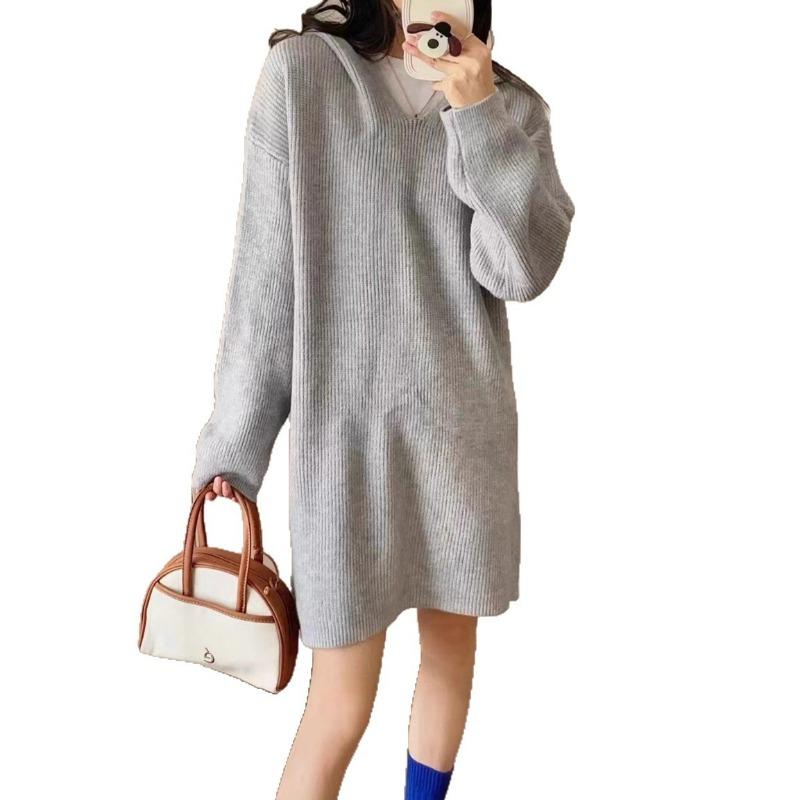 Fashion casual hooded medium and long knitted sweater top women's autumn and winter new loose lazy pullover sweater