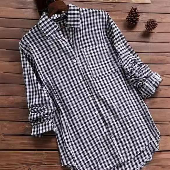 Women Turn Down Collar Gingham Check Shirt Long Sleeve Pocket Loose Curved Hem Casual Plaid Button Down Blouse
