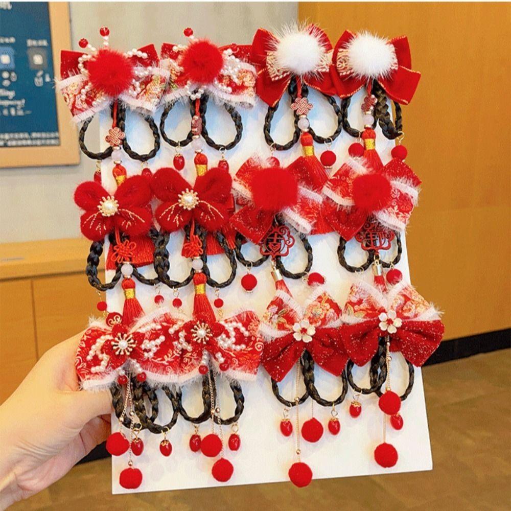 

2pcs Hanfu Headdress Wig Braid Hairpin Tassel New Year Side Clip Sweet Red Bow Hairpin 10