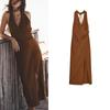 Summer Women's Clothing Sexy Style Double Breasted V Neck Linen Blended Gold Inlaid Midi Skirt Dress 3021723