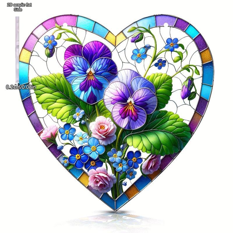 Colorful Gilly flower Heart-Shaped Suncatcher - Stained Glass-Style Glass Effect with Vibrant Floral Design, Perfect for Home & Garden Decor, Ideal fo