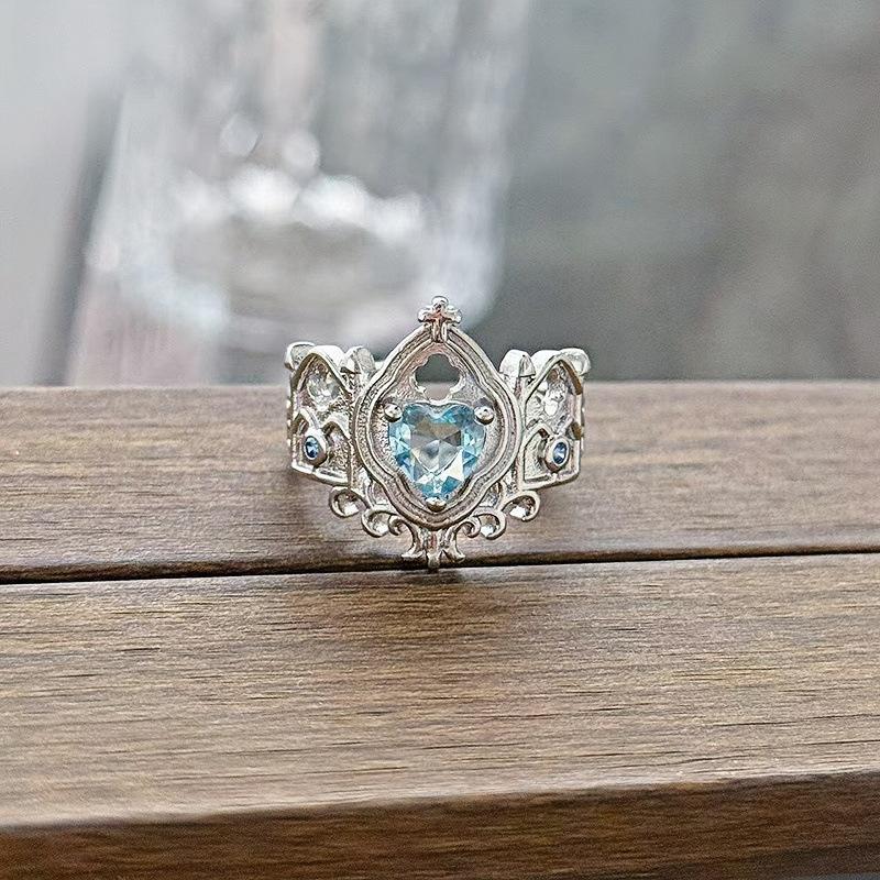 New Niche Light Luxury High Sense Sea Blue Zircon Super Fairy Open Ring Simple Fashion Jewelry Women