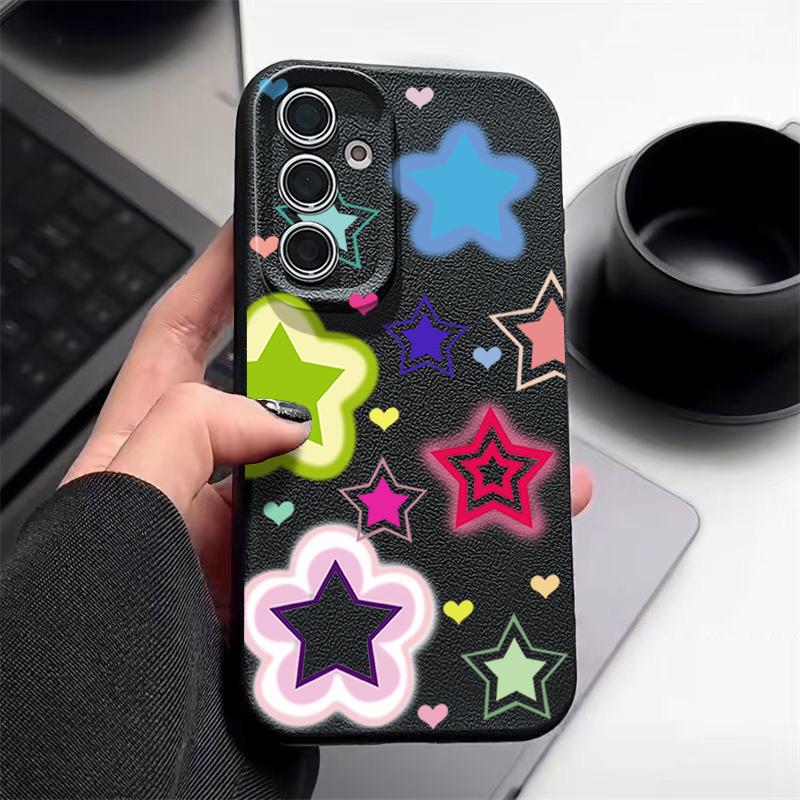 Blended Colorful Stars Pattern Case For Samsung Galaxy S26 Ultra S25 Edge S24 S23 S22 Plus S21 FE Leather Texture Silicone Cover