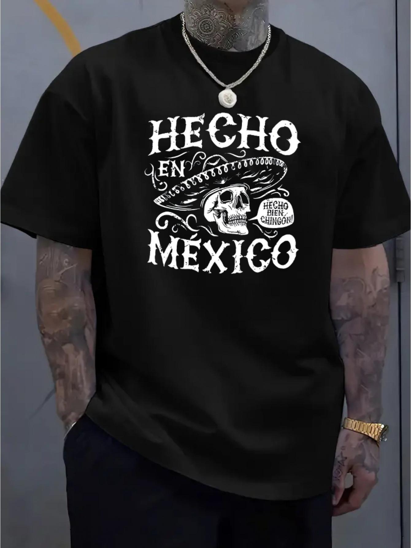

Hecho En Mexico Graphic T-shirt - 100% Cotton Crew Neck Short Sleeve Regular Fit Casual Tee with Mexican Skull & Sombrero Print L