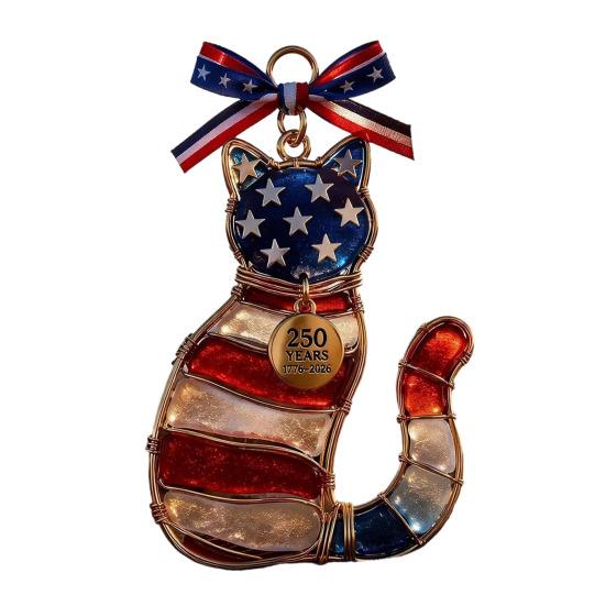 Yousheng Independence Day Patriotic Hanging Decoration, Butterfly Hummingbird Cat Bell Ornament for 4th of July, USA 250th Anniversary Stained Glass