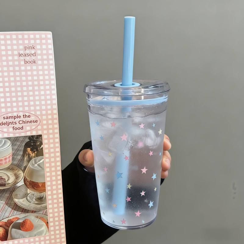Tazza di Plastica da 450ml con Cannuccia Tè Caffè Latte Cannucce Semplici Dolce Carina Tazza a Stella Regali per Amici