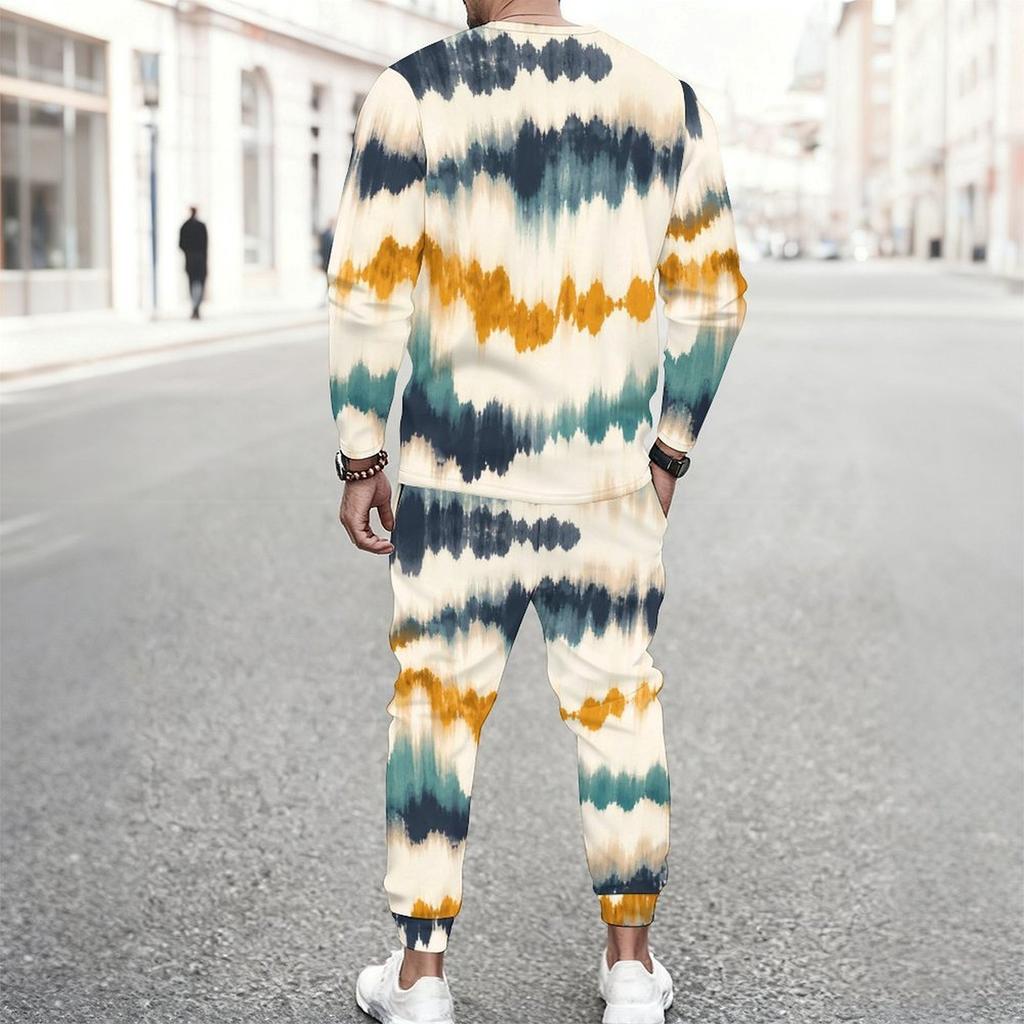 Men S Plus Size Tie Dye Printed Round Neck Long Sleeve Top Cuffed Pants Two Piece Set