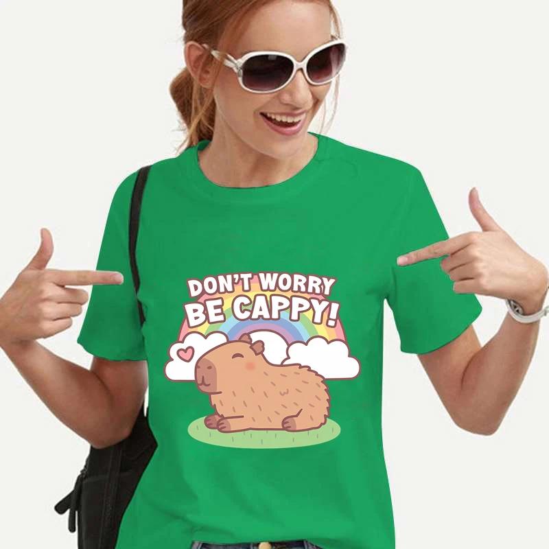 Cartoon NEBOJTE SE, BUĎTE CAPPY! Potisk Capybara Dámské tričko Ležérní Topy s výstřihem do O Volné tričko Harajuku Černá Košile Oblečení