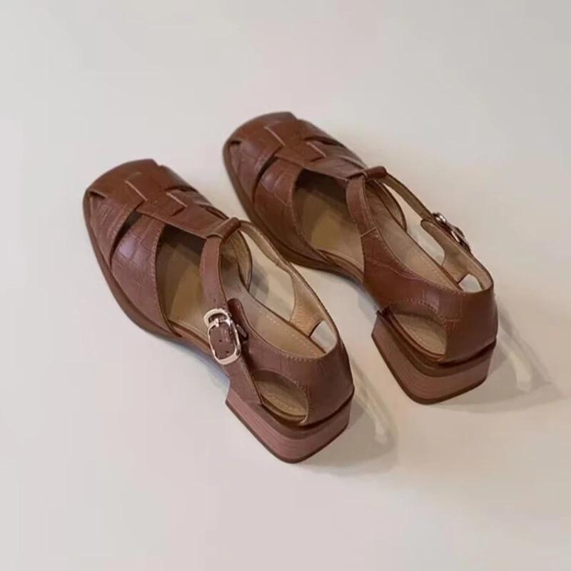 Women's Sandals Cover Toe One-line Buckle Square Heel Heel Wrap Shoes Women Leisure Career Roman Square Toe Sandalias De Mujer