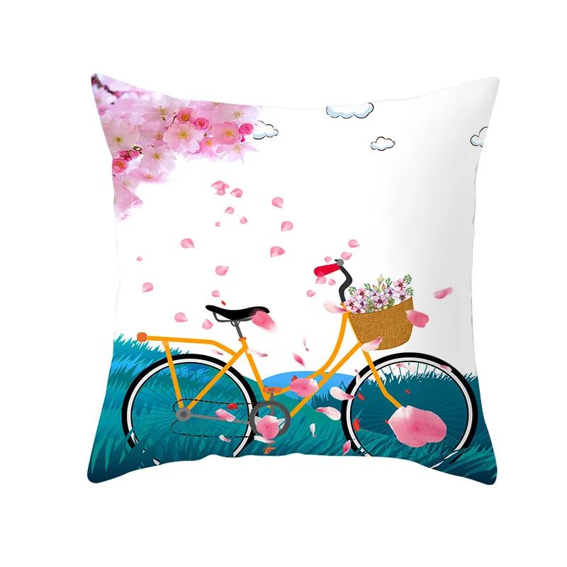 Valentine's Day Bicycle Flower and Grass Print Cushion Cover Home Living Room Sofa Decoration Pillow