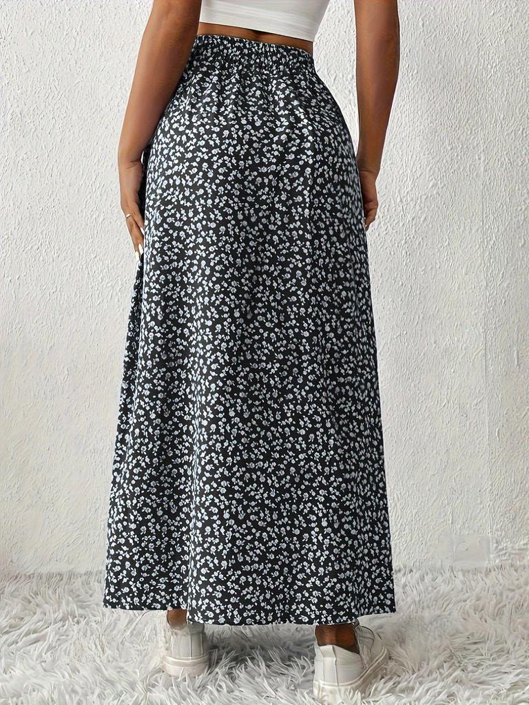 European & American Holiday Floral Print Midi Skirt with Slit
