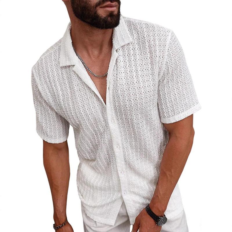 Men Hollow Knit Textured Cuban Collar Button Down Short Sleeve Casual Beach Vacation Shirt