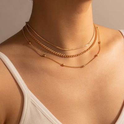 Fashion Metal Sweater Chain, Round Bead Chain Three-layer Necklace, Simple Geometric Collarbone Chain