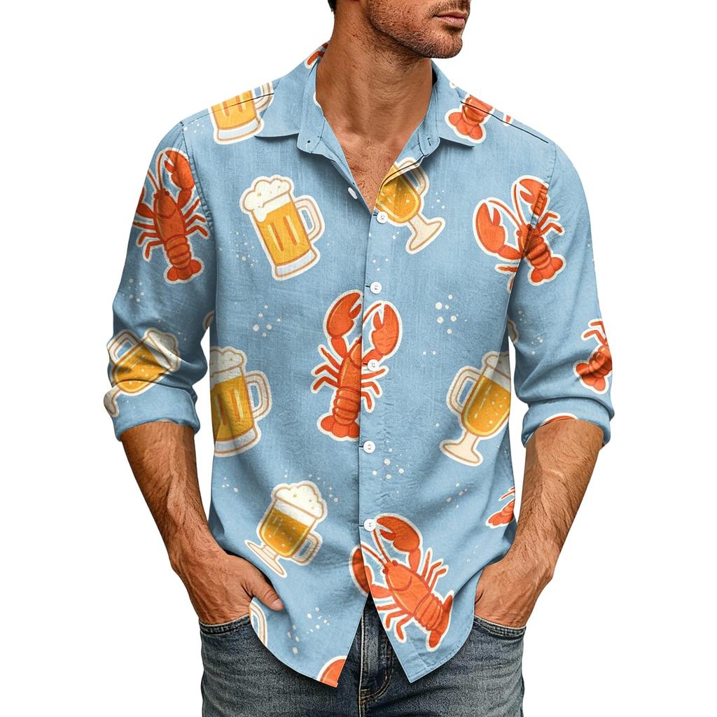 Men's Long Sleeve Hawaiian Shirt Lobster Print Button Down Collar Casual Beach Shirt for Summer Vacation and Outdoor Activities