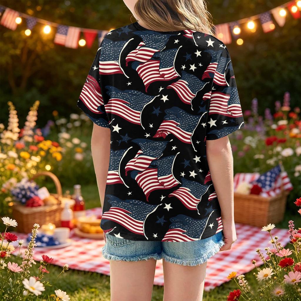 Girls Short Sleeve T Shirt Independence Day Print Kids Casual Tee Top Lightweight Breathable Soft Fabric Summer Shirt for Children