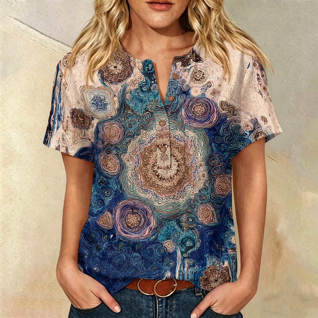 Women Henley Neck Printed Short Sleeve Cotton Linen Shirt with Front Pocket and Button Casual Fit Top