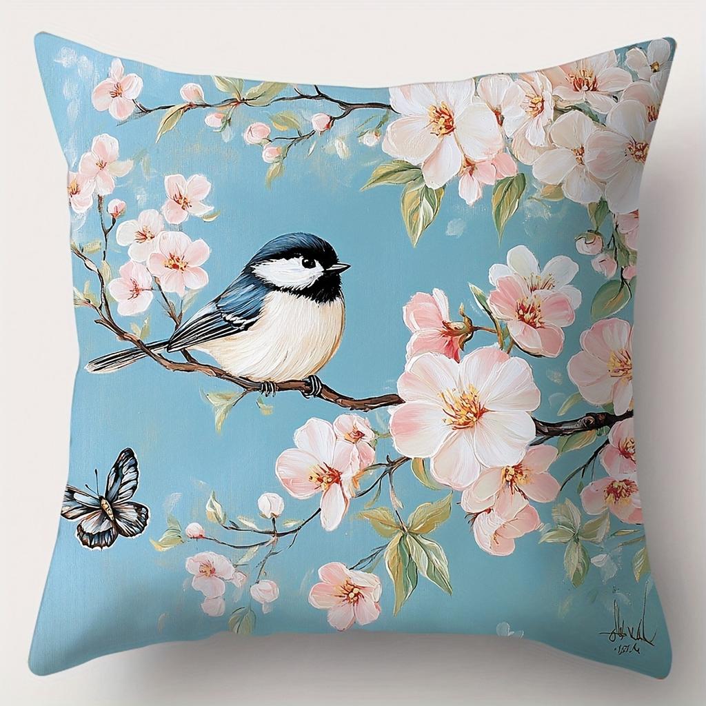 Spring Elements, Birds, Flowers, Branches Pattern Pillowcasebedroom Sofa Decorative Cushion Cover With Zipper Soft Cushion Cover