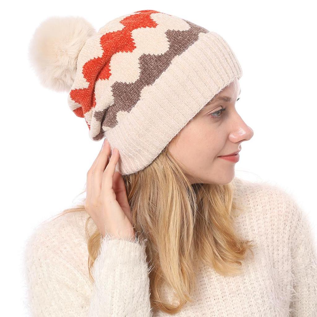 Women's Autumn Winter Plush Warm Knit Hat Chenille Soft Wave Wool Ball Wool Hat