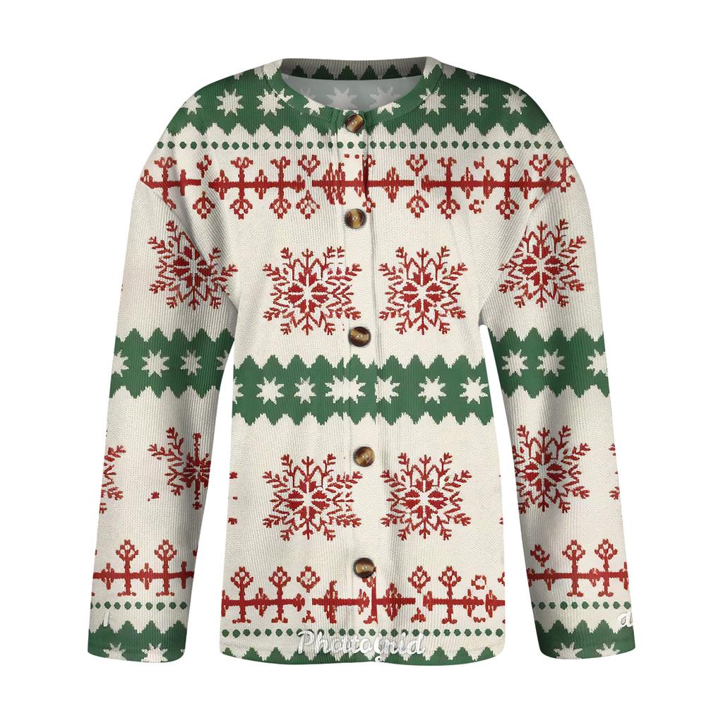 Women's Fashion Christmas Print Long Sleeve Knitted Cardigan Button Jacket