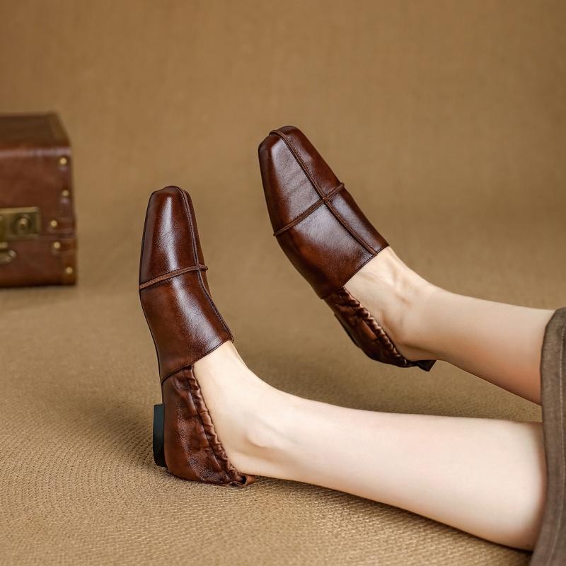 Fashion 2025 NEW Autumn Women Loafers Genuine Leather Women Shoes Square Toe Chunky Heel Shoes Women Flats Soft Ladies Shoes