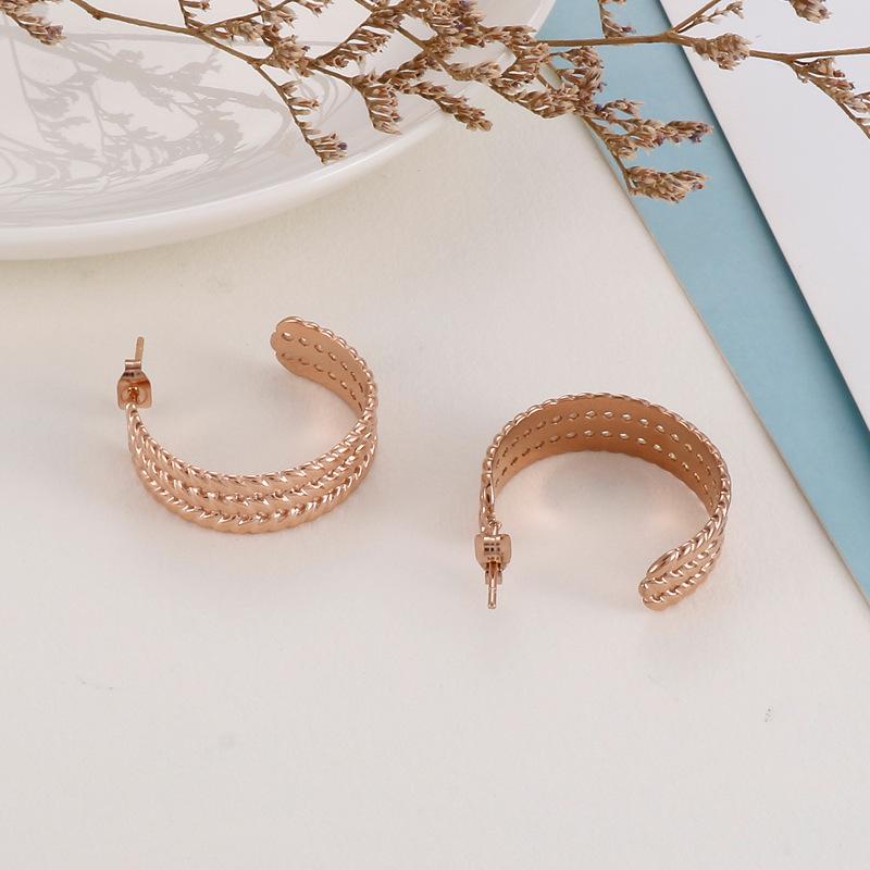 European & American INS Style Gold-Plated C-Shaped Double Wheat Ear Hoop Earrings - Trendy Titanium Steel Luxury Design for Women.