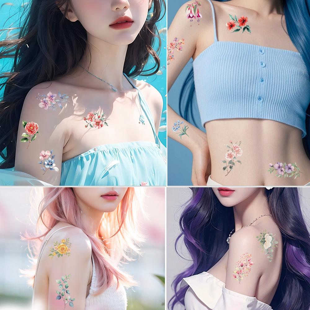 10sheets Flowers Rose Peony Lily Tattoo Stickers For Face Arm Body Temporary Waterproof Tattoo Stickers Kids Creative Gifts