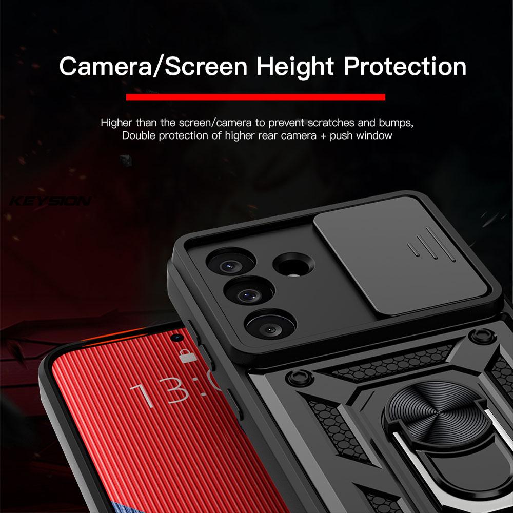 KEYSION Shockproof Case for Samsung M56 5G Silicone+PC Slide Camera Protection Ring Stand Phone Back Cover for Galaxy F56 5G