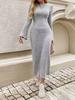 2025 Herbst/Winter Flares Ärmel Schmale Passform Rundhals Strickkleid