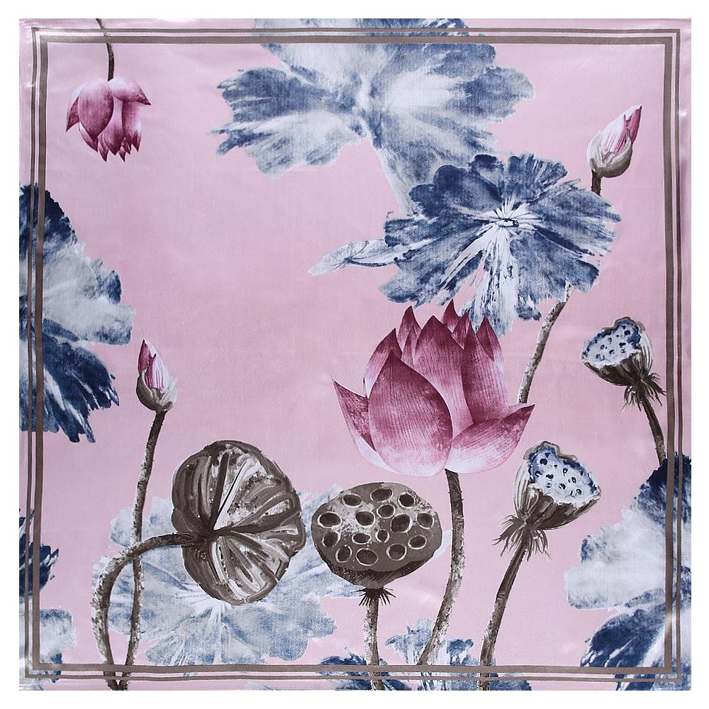

90cm Retro Chinese Style Lotus and Leaf Ladies Imitation Silk Square Scarf Hijabs For Women 90x90cm