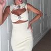 Fashion Sexy Hollow Out Strapless Solid Shell Button Long Dress Women Sleeveless Round Neck Bodycon Evening Party Dress