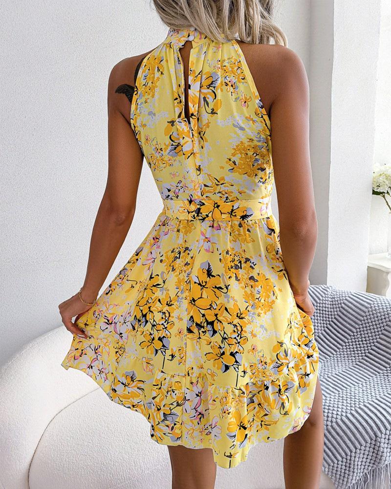 Sleeveless Dress Floral Halter Waist Dress Women