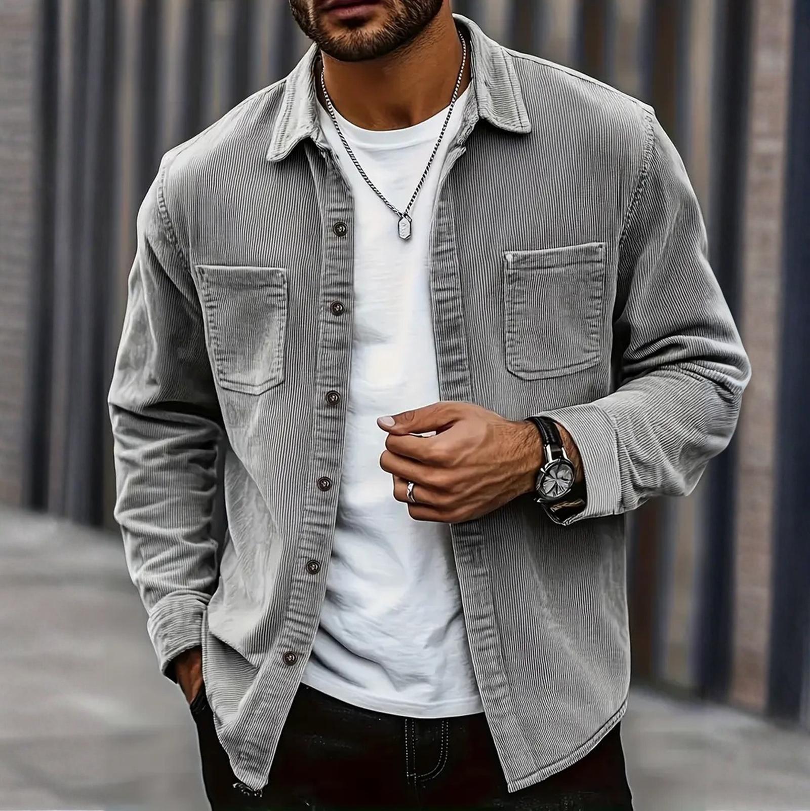 

Чоловіча однотонна сорочка з довгим рукавом, чоловіча повсякденна модна трендова сорочка-піджак з кишенею M