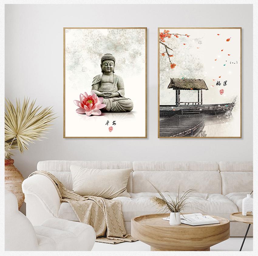 New Chinese Ink Flowers Buddha Wall Art Print Picture Canvas Painting Poster for Home Living Room Decoration Frameless