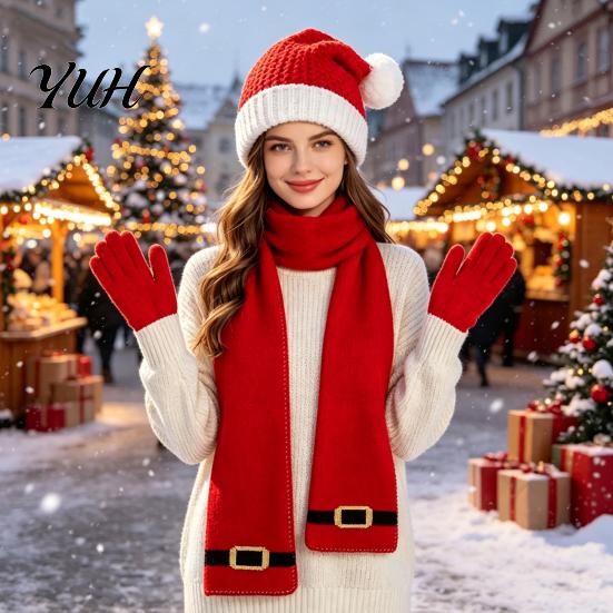 Outdoor Hiking And Travel Wear Christmas Hat Scarf Gloves Set, Knitted Xmas Elf with Jingle Bells, Three Piece Winter Set Pompom Warm for Adults,