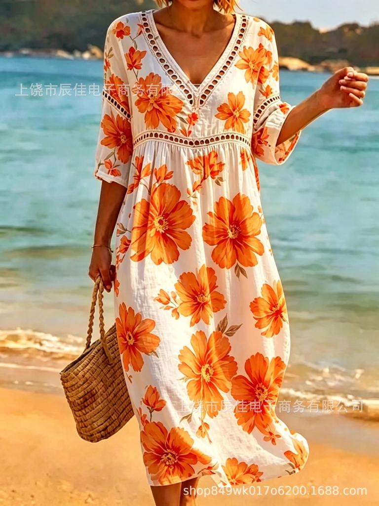 New Seaside Vacation Style V-neck Bohemian Print Loose Dress Vacation Dress