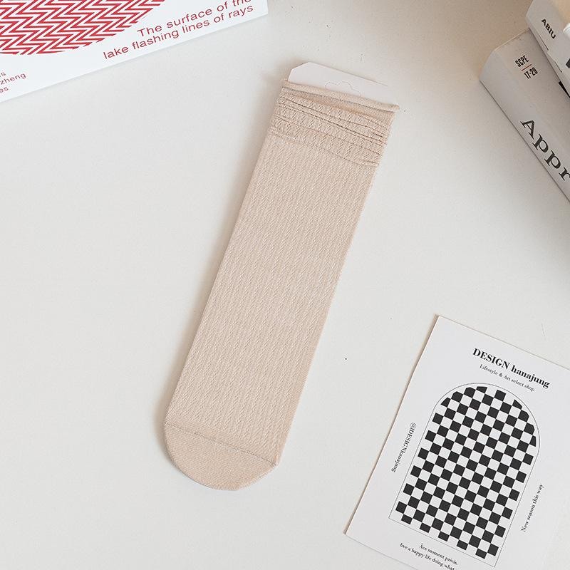 Boneless Pile Socks for Women, Summer Thin Mid-calf Socks, White Long Socks with Small Leather Shoes, Postpartum Socks, Summer Long Calf Socks