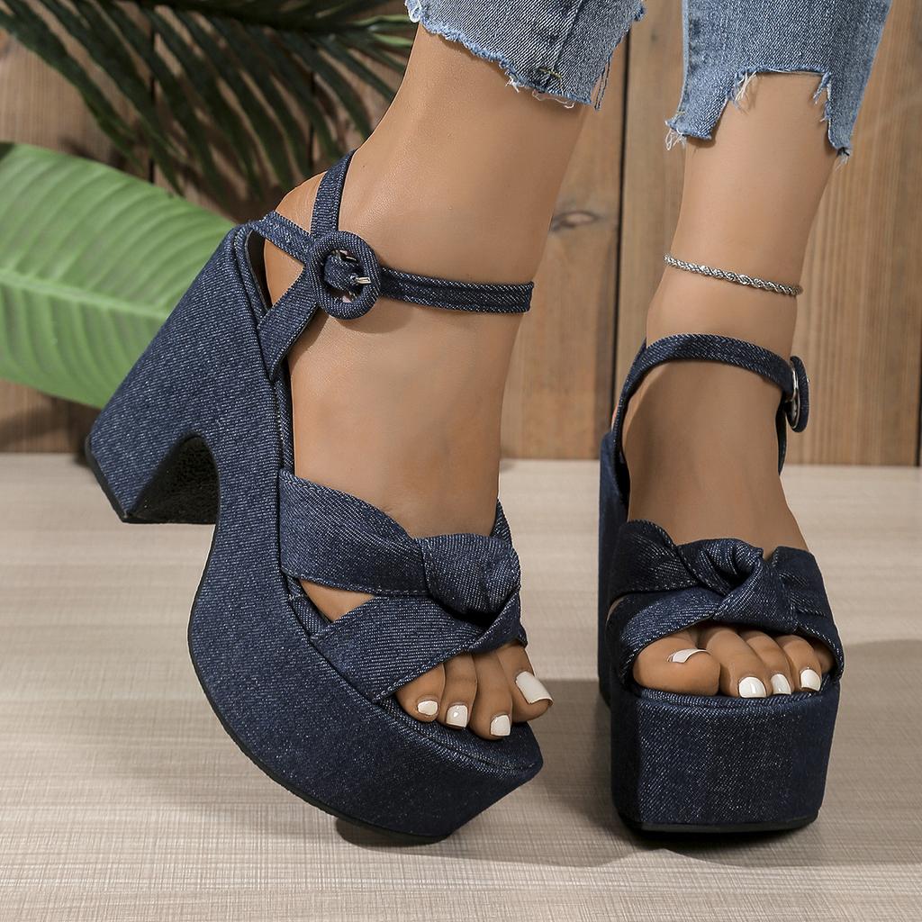 Mode 2025 Sommar Nya Platå Romerska Sandaler Dam Denimblå Färgblock Casual Damskor Ultrahög Klack Kilklackssandaler