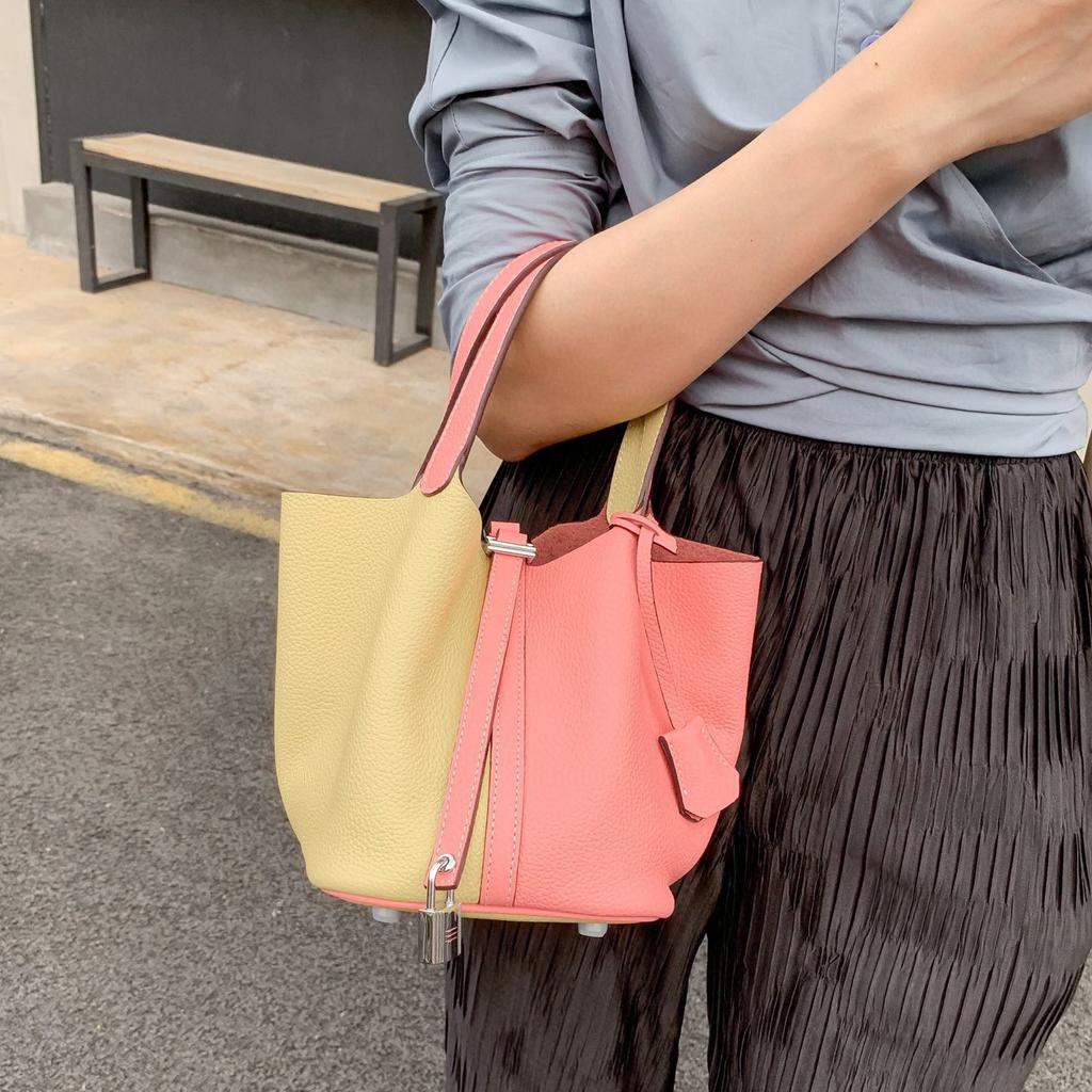 Damenhandtasche Togo-Leder Farbabstimmung Gemüsekorb Große Kapazität Handtasche Rindsleder Litschi-Muster Tasche Damen Kontrastfarbe Handtasche