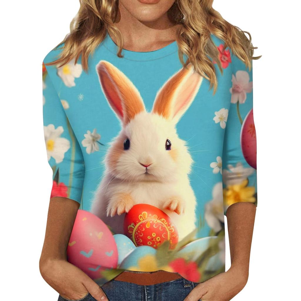 Damen Osterhasen T-Shirt Mode Langarm Rundhals Normales Oberteil Feiertagswochenende Print Floral Rot Frühling Herbst Outfit