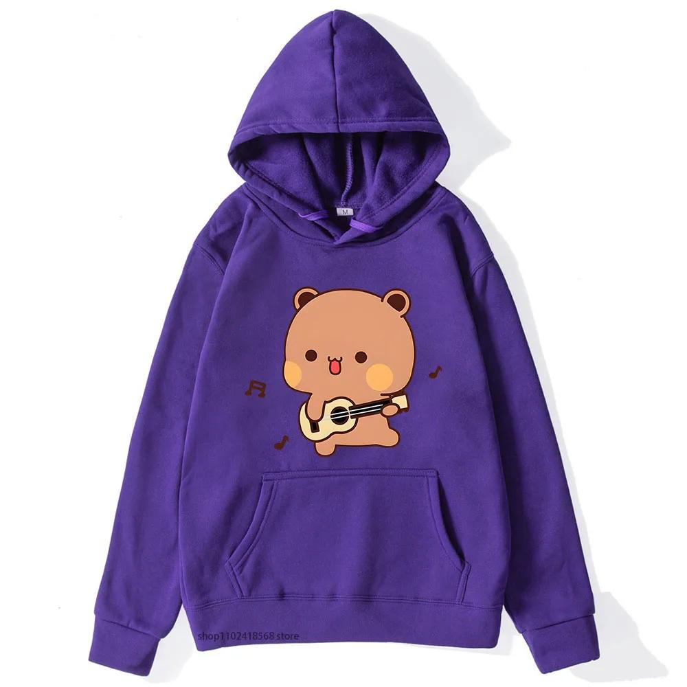Cute Pretty BuBu Panda in Flowery Head Piece Hoodie DuDu Bear Dancing and Playing with A Guitar Sweatshirt Women Tops