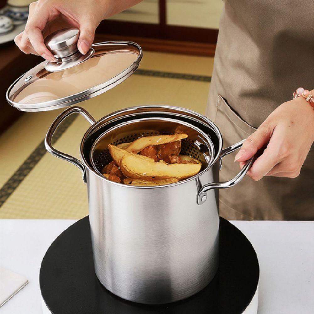 304 Stainless Steel Deep Fryer with Filter Basket Soup Pot Deep Frying Pot  Dormitory