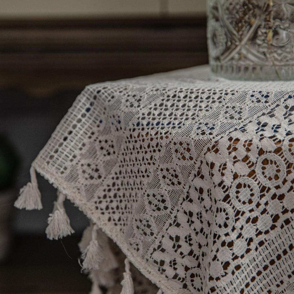 Cotton Crochet Lace Window Curtain Panel With Tassels Rod Pocket Semi Sheer Hollow Curtains For Bedroom Living Room