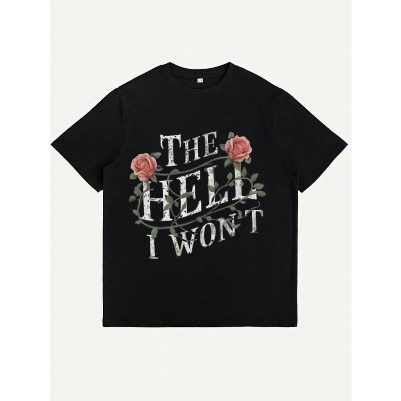 Women's Plus Size Round Neck Short Sleeve T-Shirt Easter Rose Print The Hell I Won't Casual Streetwear Home Top Black White
